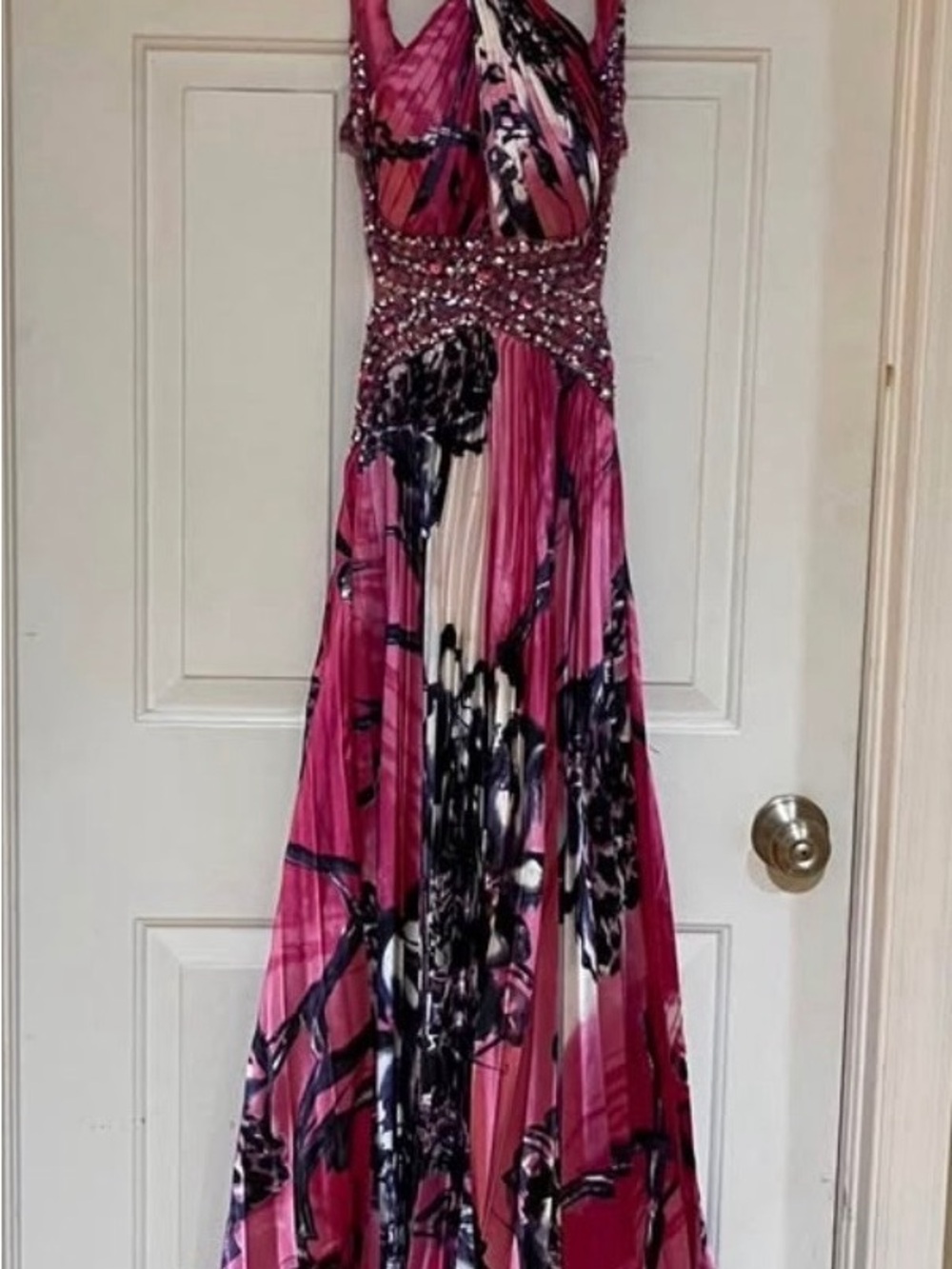 David's Bridal Pink Beaded Halter Maxi Dress with Floral Print